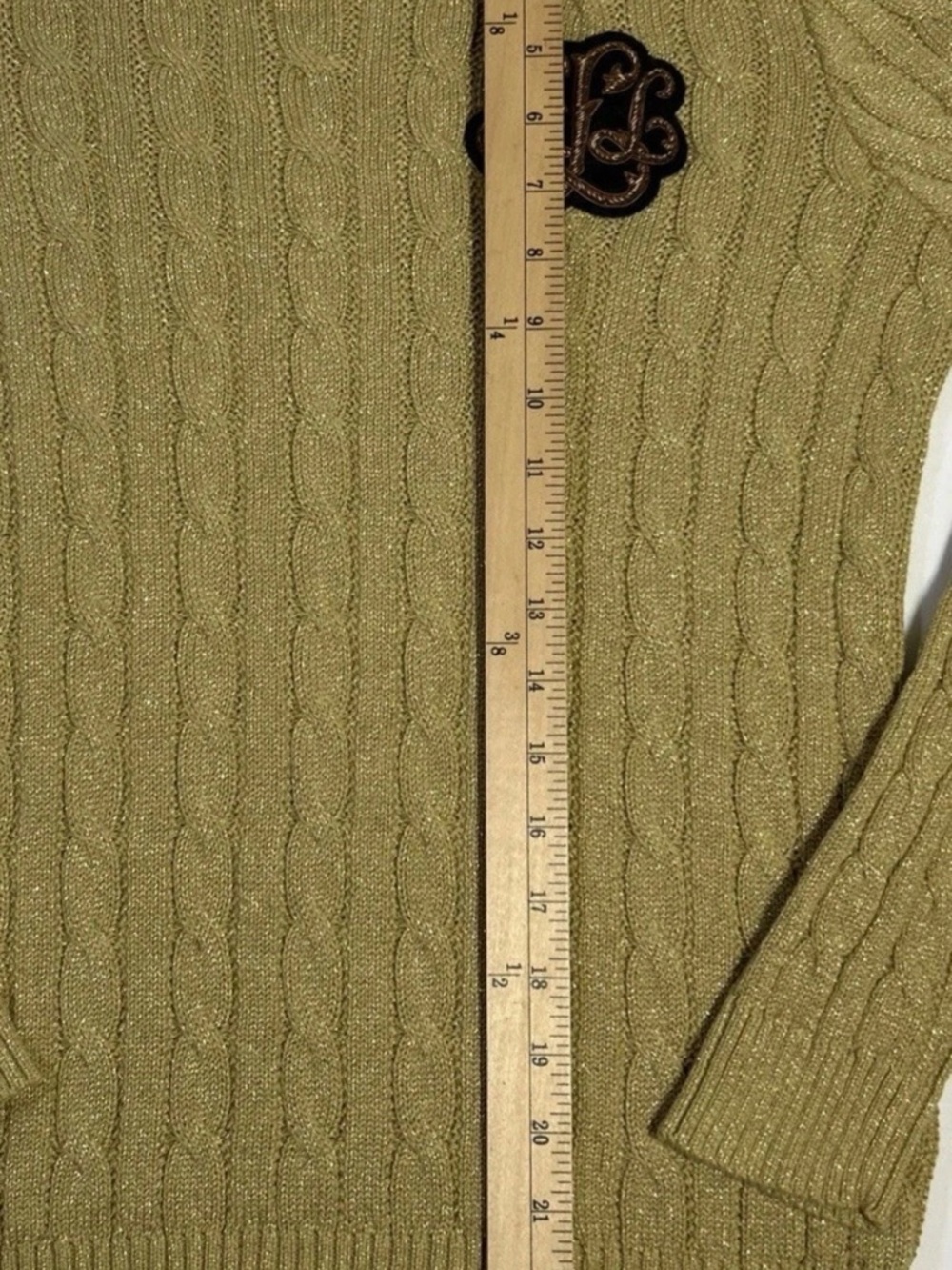 Ralph Lauren Gold Cable-Knit Crewneck Sweater with Embroidered Patch - Picture 5 of 5